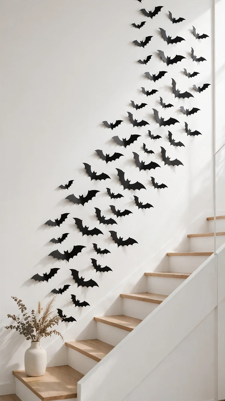 25 Stylish Halloween Decor Ideas That Are Chic, Not Cheesy 8 Paper Bats Flying Up the Staircase Wall