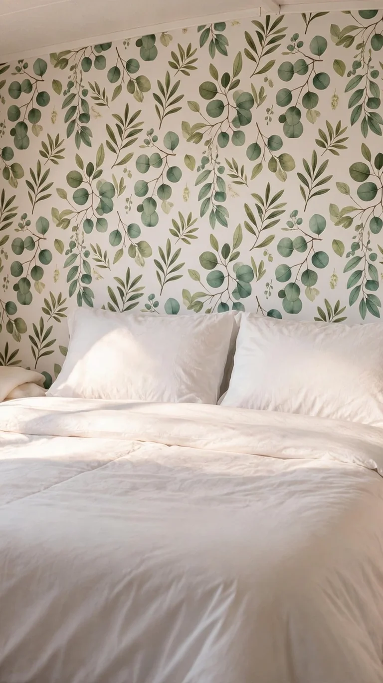 17 Trailer Decor Ideas to Make Your Mobile Home Feel Cozy and Stylish 8 A botanical peel-and-stick wallpaper accent wall behind a bed in a trailer bedroom.