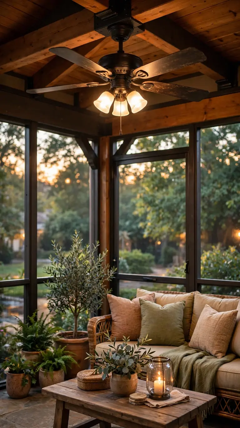 Dark bronze outdoor ceiling fan with a light kit spinning above a furnished screened-in back porch.
