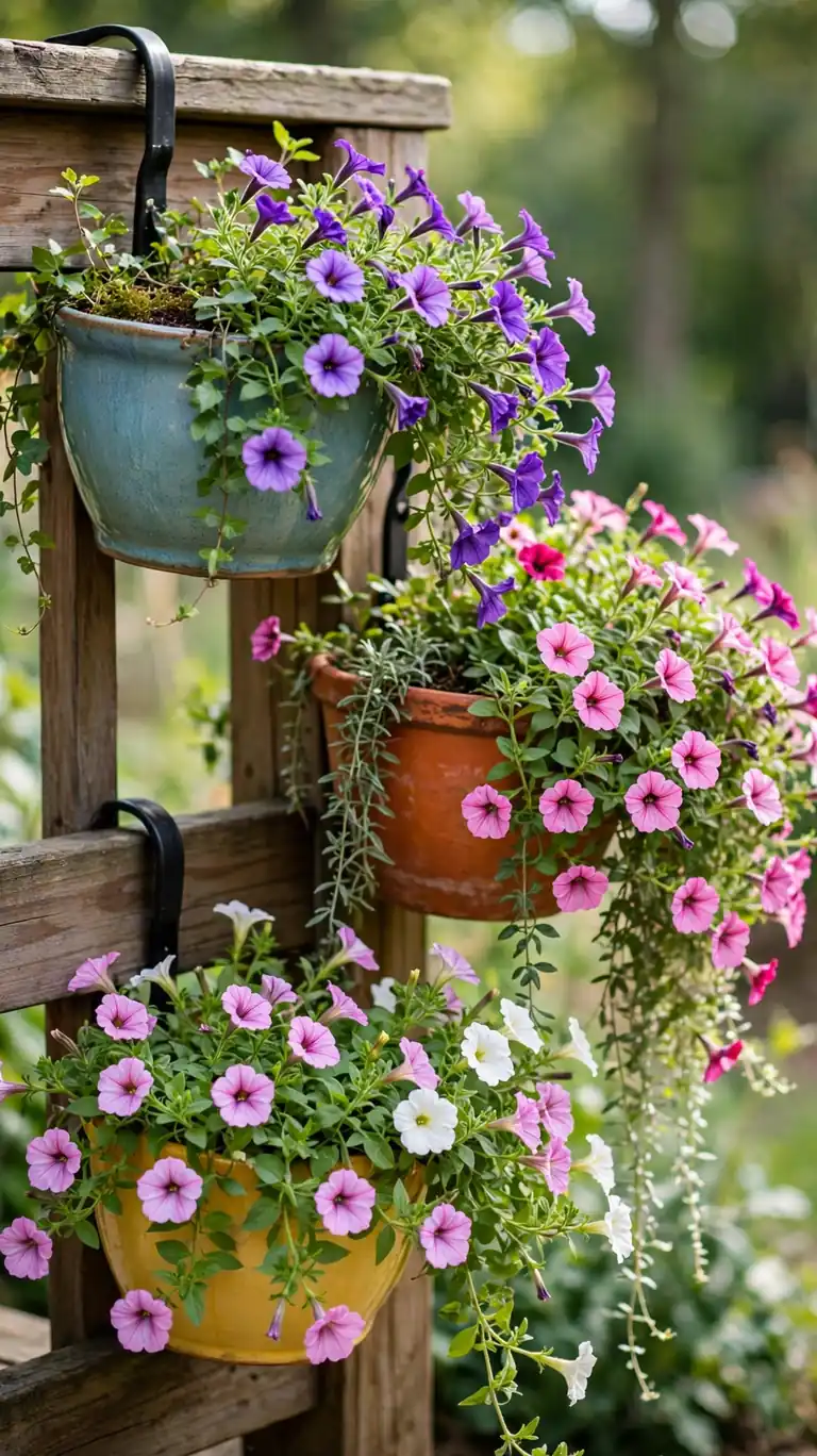 Colorful railing-mounted planters overflowing with trailing flowers and greenery on a deck.