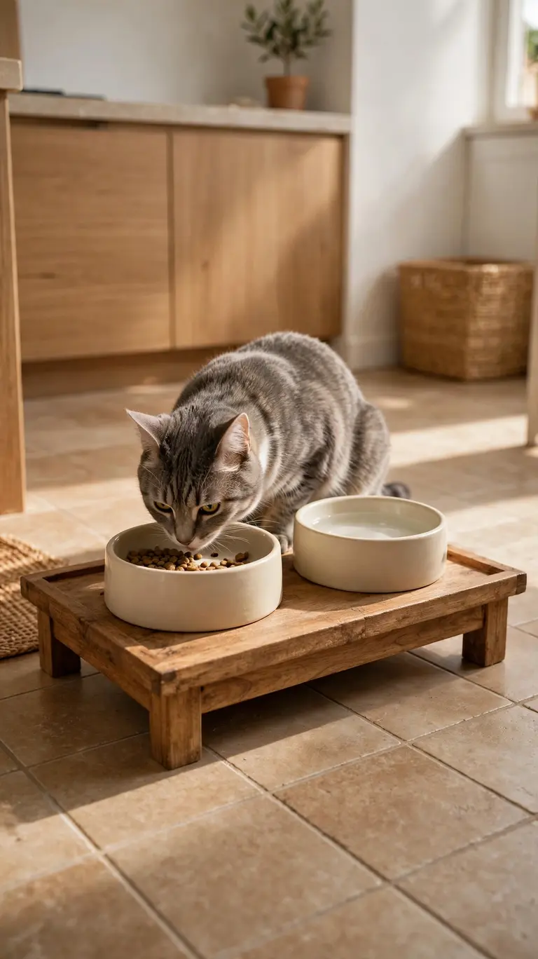 16 Clever Cat Food Station Ideas to Keep Your Home Organized 8 A low raised platform tray with two ceramic cat bowls on top, a cat eating from the bowls on a kitchen floor.