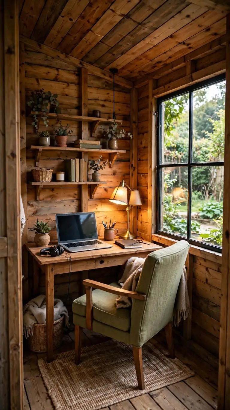 A cozy home office inside a wooden shed with a small desk and laptop, comfortable chair, rug, wall shelves, and warm desk lamp by a window.