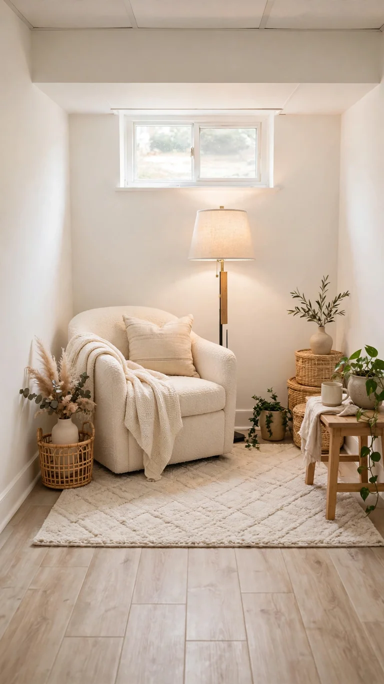 19 Small Basement Ideas to Make the Most of Any Space 8 Small basement with light-colored vinyl plank flooring and a soft area rug.