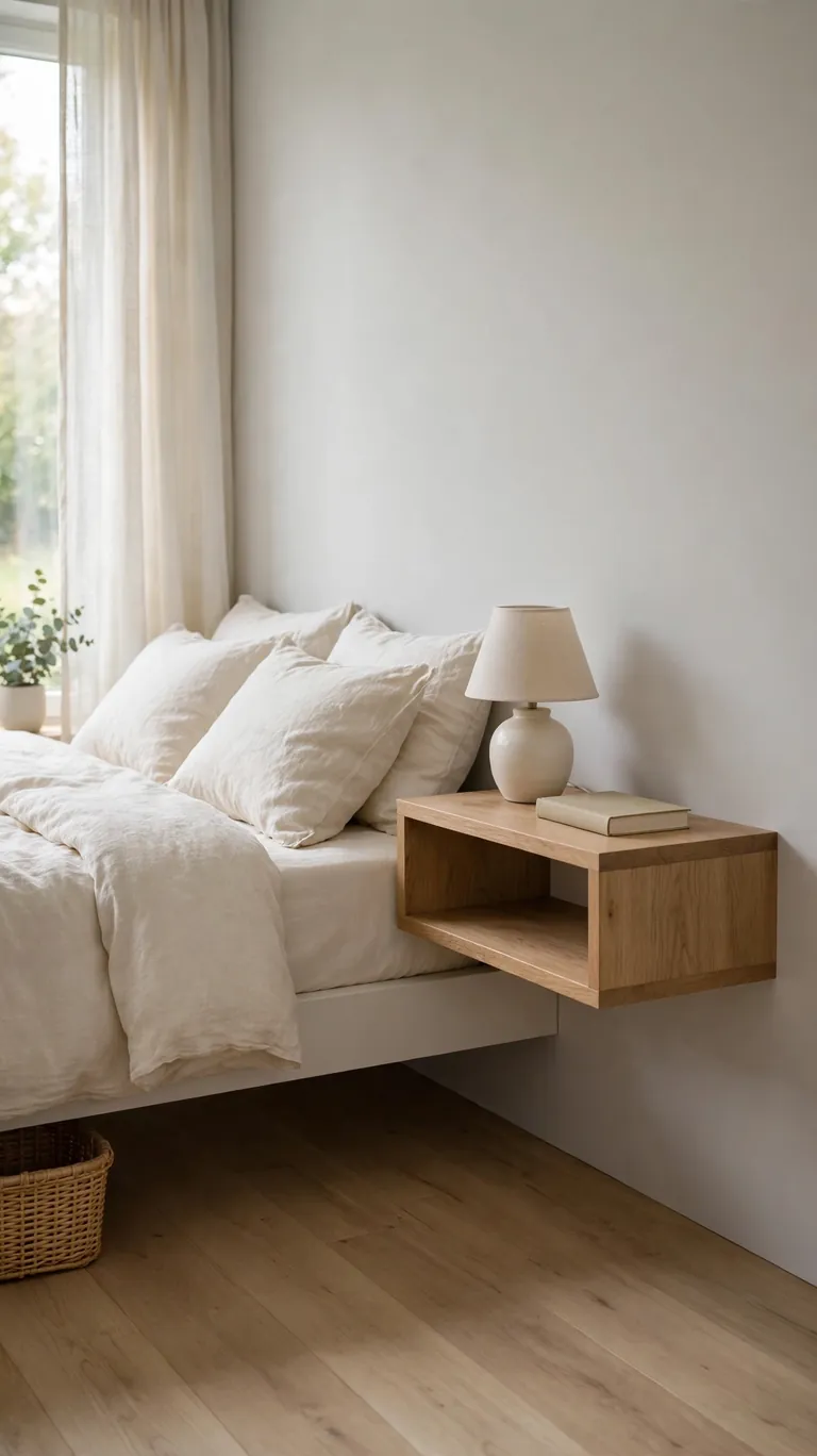 Small bedroom with a floating wall-mounted nightstand and visible floor beneath it.