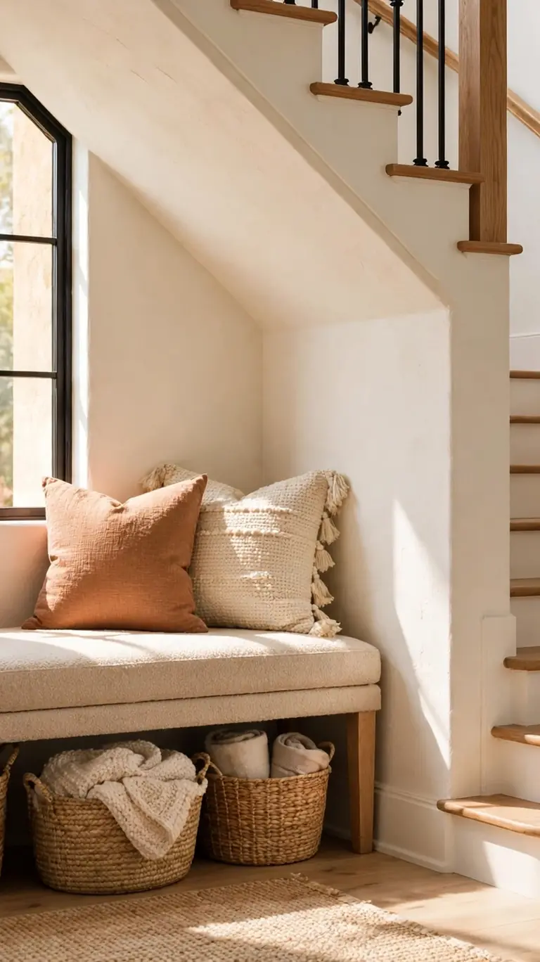 Sunlit stair landing nook with a cushioned storage bench holding two throw pillows, woven baskets tucked beneath, and stairs with black metal balusters alongside.