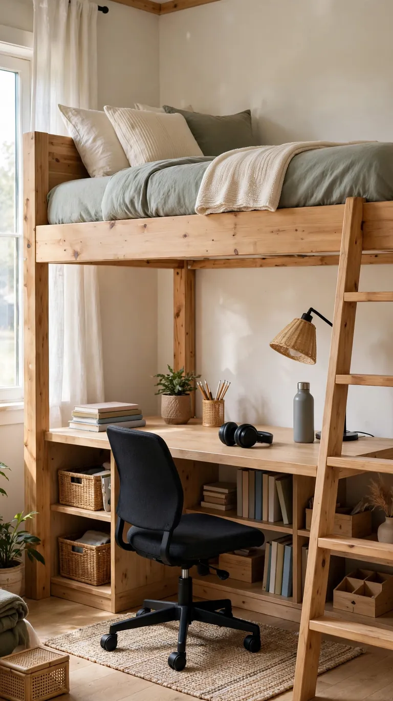 Lofted bunk bed with a desk, chair, and shelves underneath in a bright teen study space.