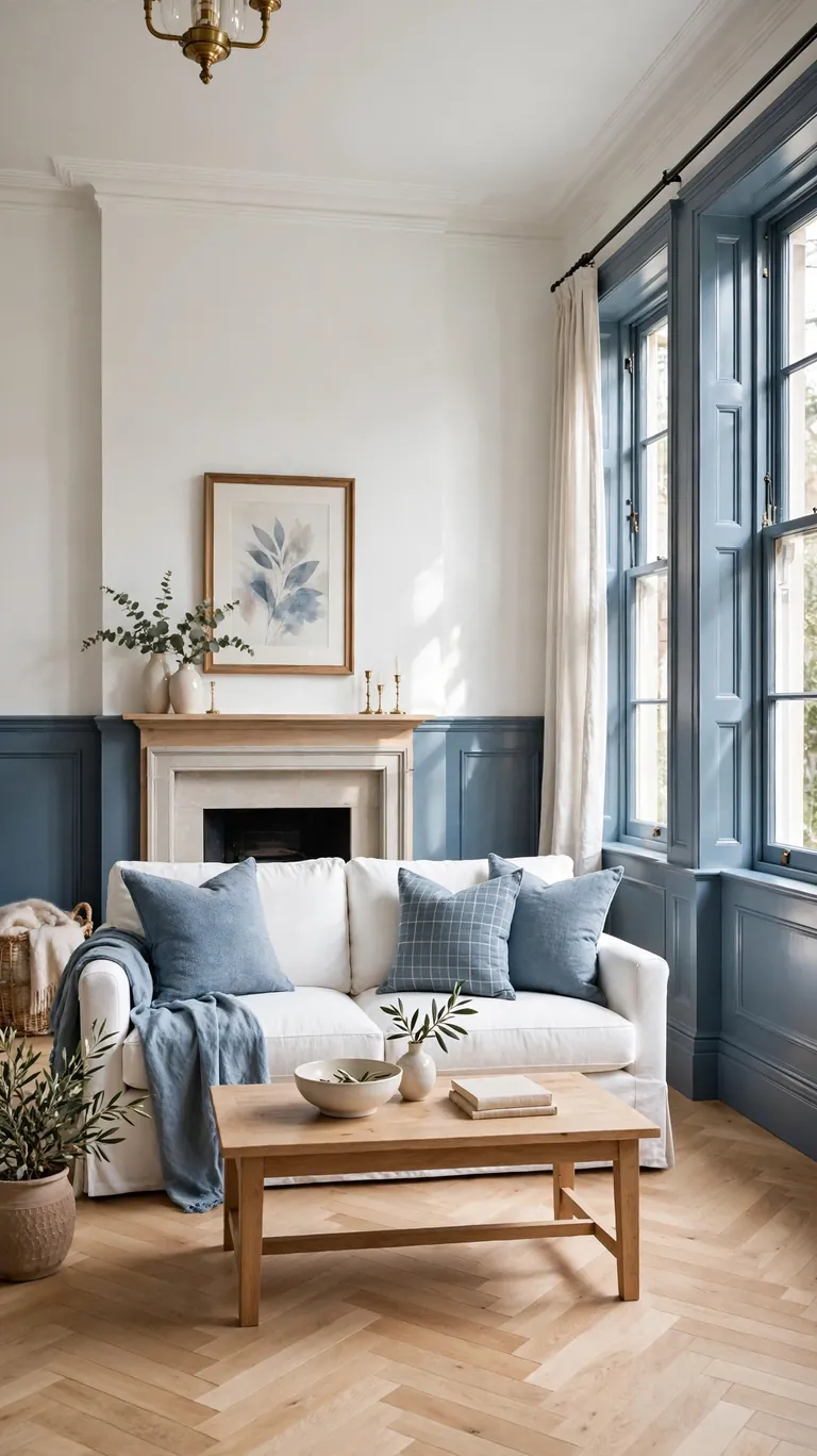 Living room with white walls and dusty blue painted wainscoting and window trim.