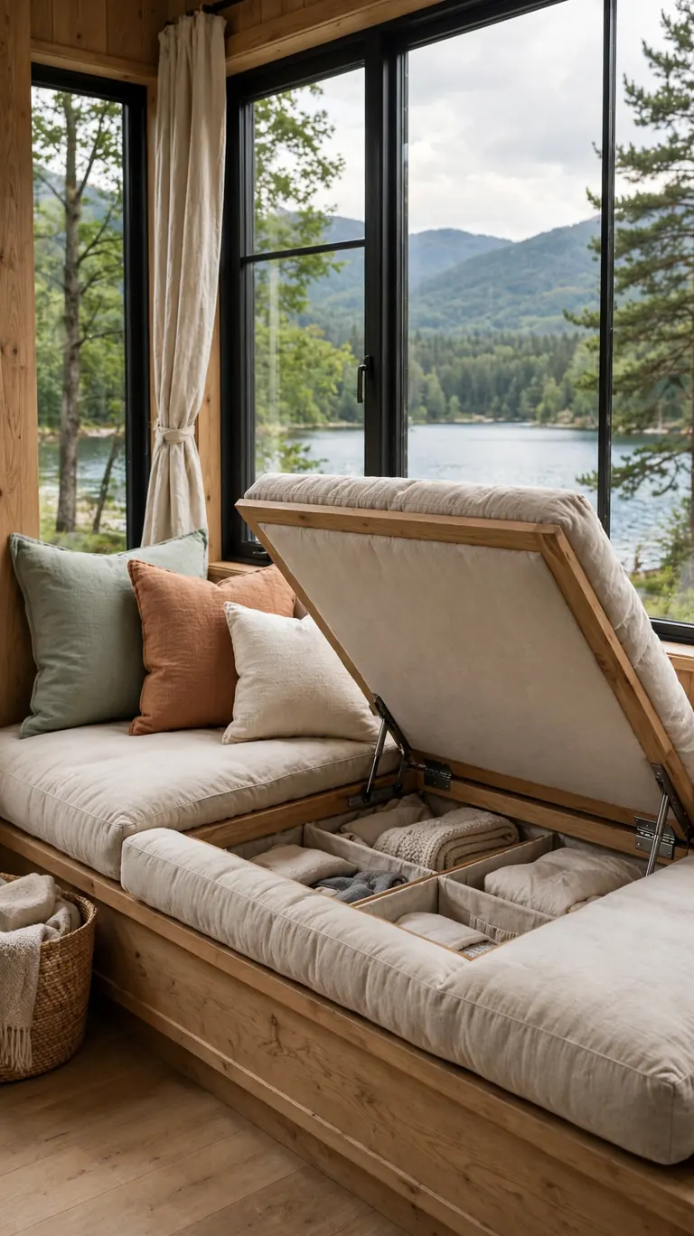 21 Small Lake Cottage Interior Design Ideas That Feel Cozy and Inviting 8 Window seat with a thick washable cushion and pillows facing the lake, with a hinged lid revealing hidden storage inside.