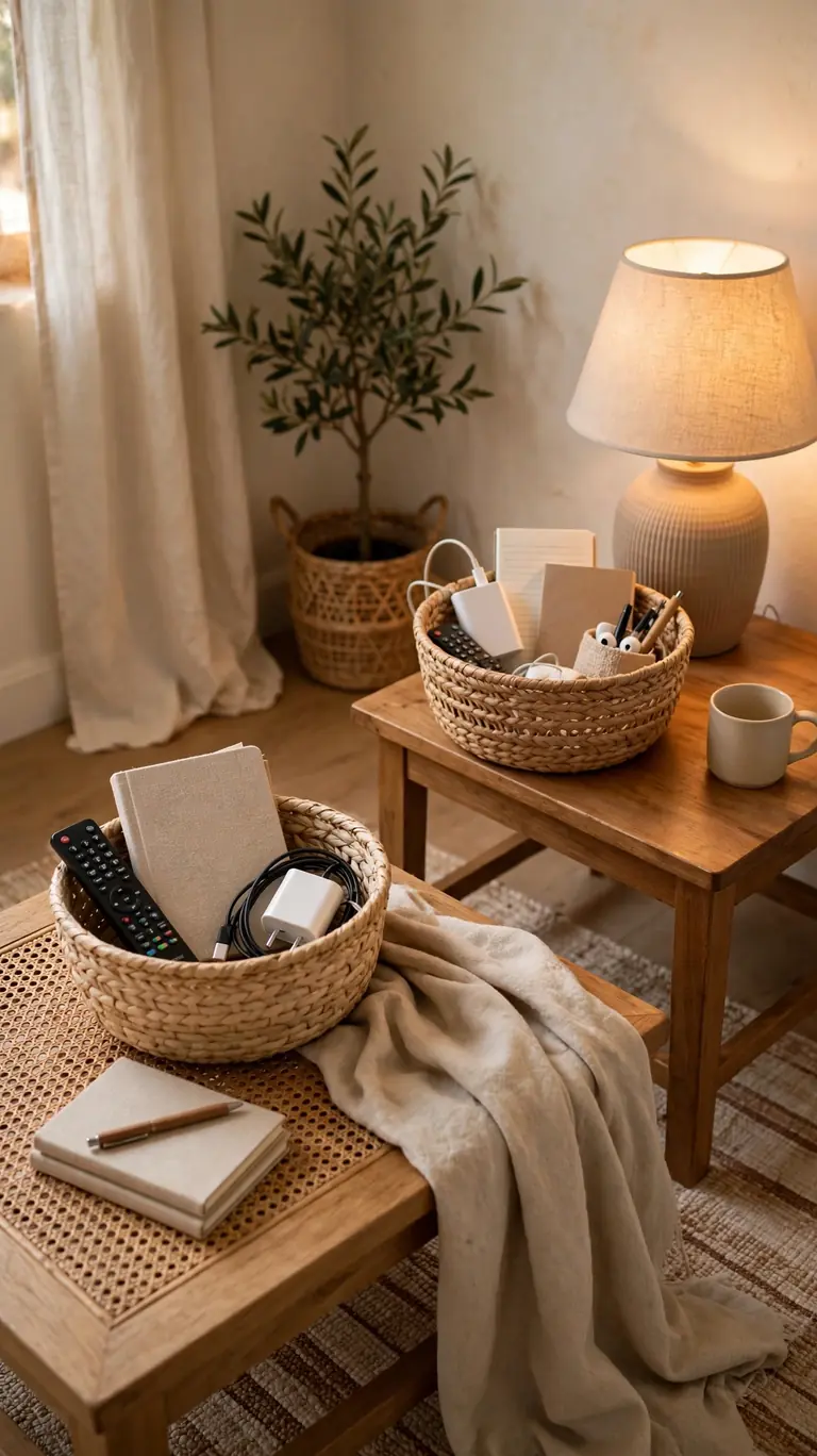 Woven baskets on a coffee table and nightstand catching daily clutter.