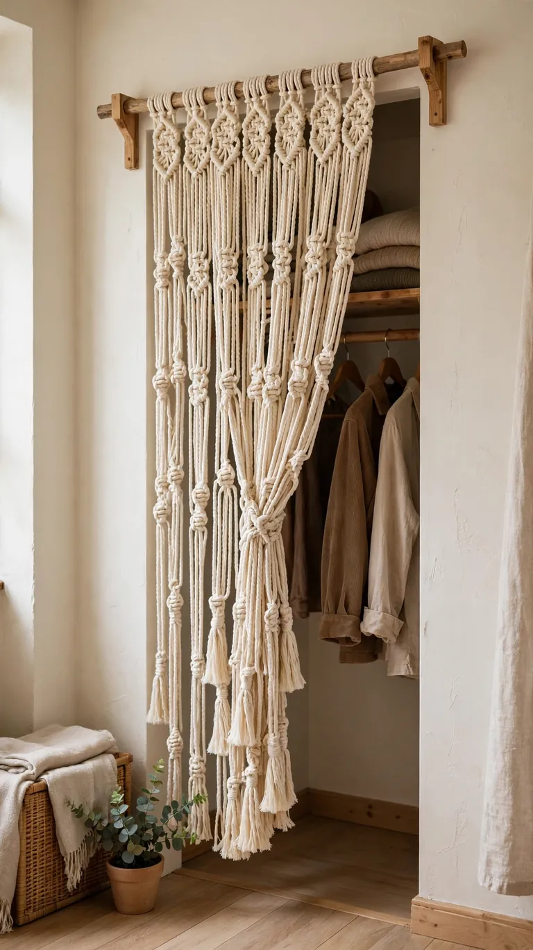 22 Creative Closet Curtain Ideas for a Stylish, Space-Saving Upgrade 9 Cream macramé knotted curtain hanging from a wooden dowel over a small bedroom closet opening.