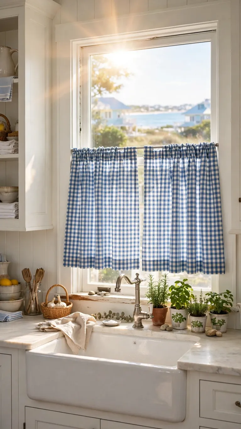 Blue and white gingham cafe curtains on a tension rod in a bright coastal kitchen.