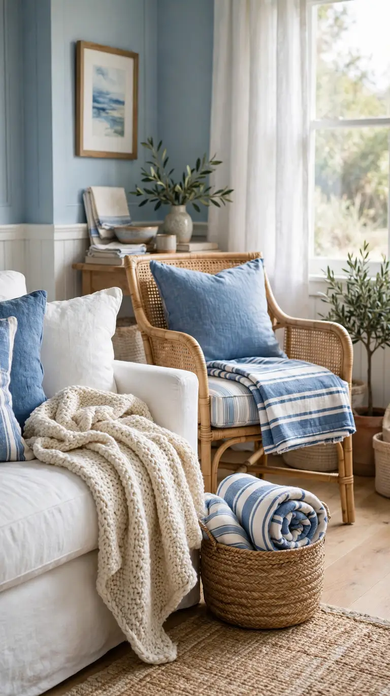 Blue and cream throw blankets casually draped over a white sofa and armchair.