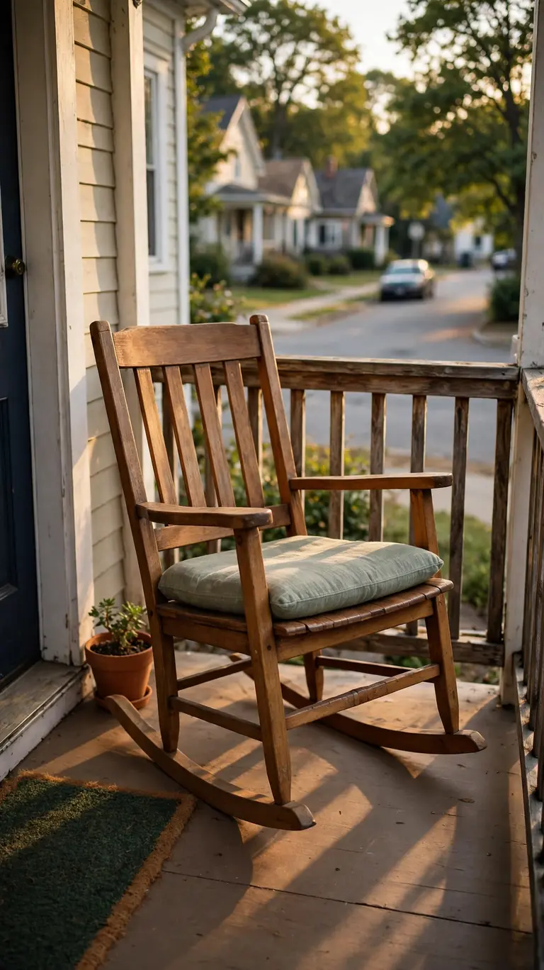 Compact wooden rocking chair with a cushion on a small front porch facing the street, with a potted plant nearby.