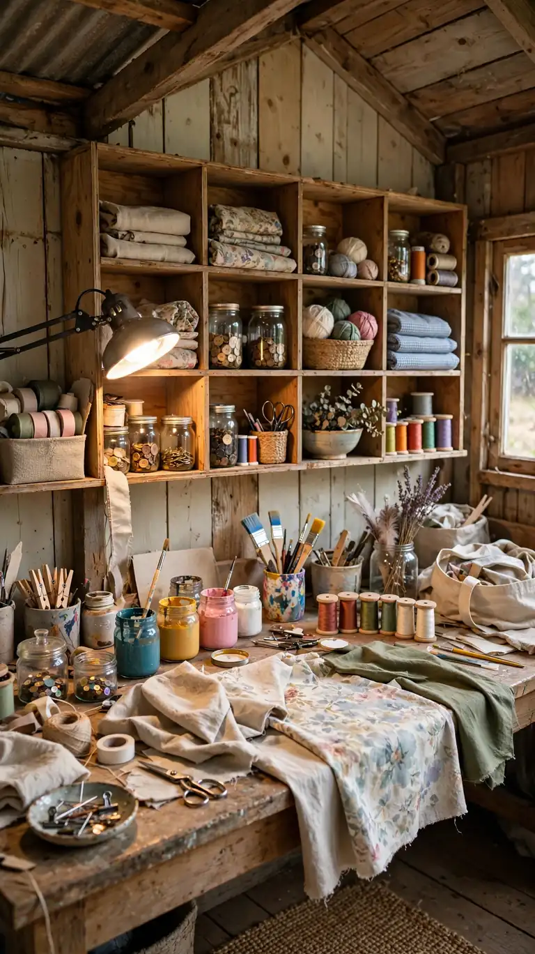 A craft zone in a shed with a wide countertop of fabric, paint jars, and craft supplies, cubby shelves, and a bright task lamp.