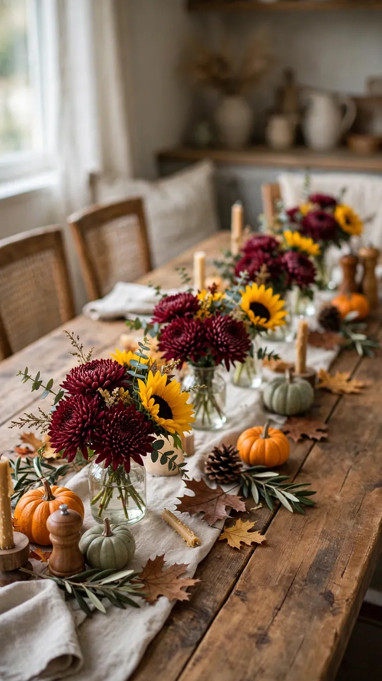 23 Beautiful Thanksgiving Decor Ideas for a Warm Holiday Home 9 Arrange Mums and Sunflowers