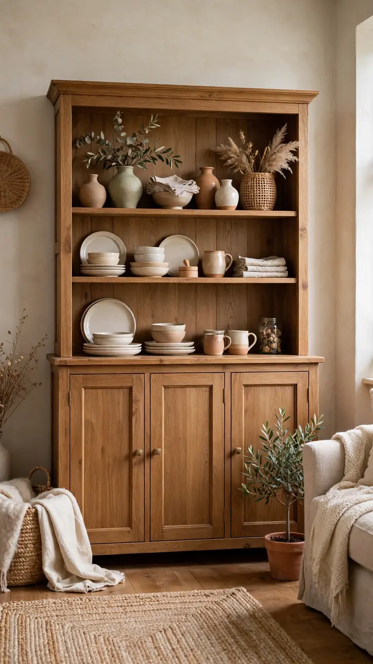 Hutch combining open display shelves on top with closed cabinet doors below for hidden storage.