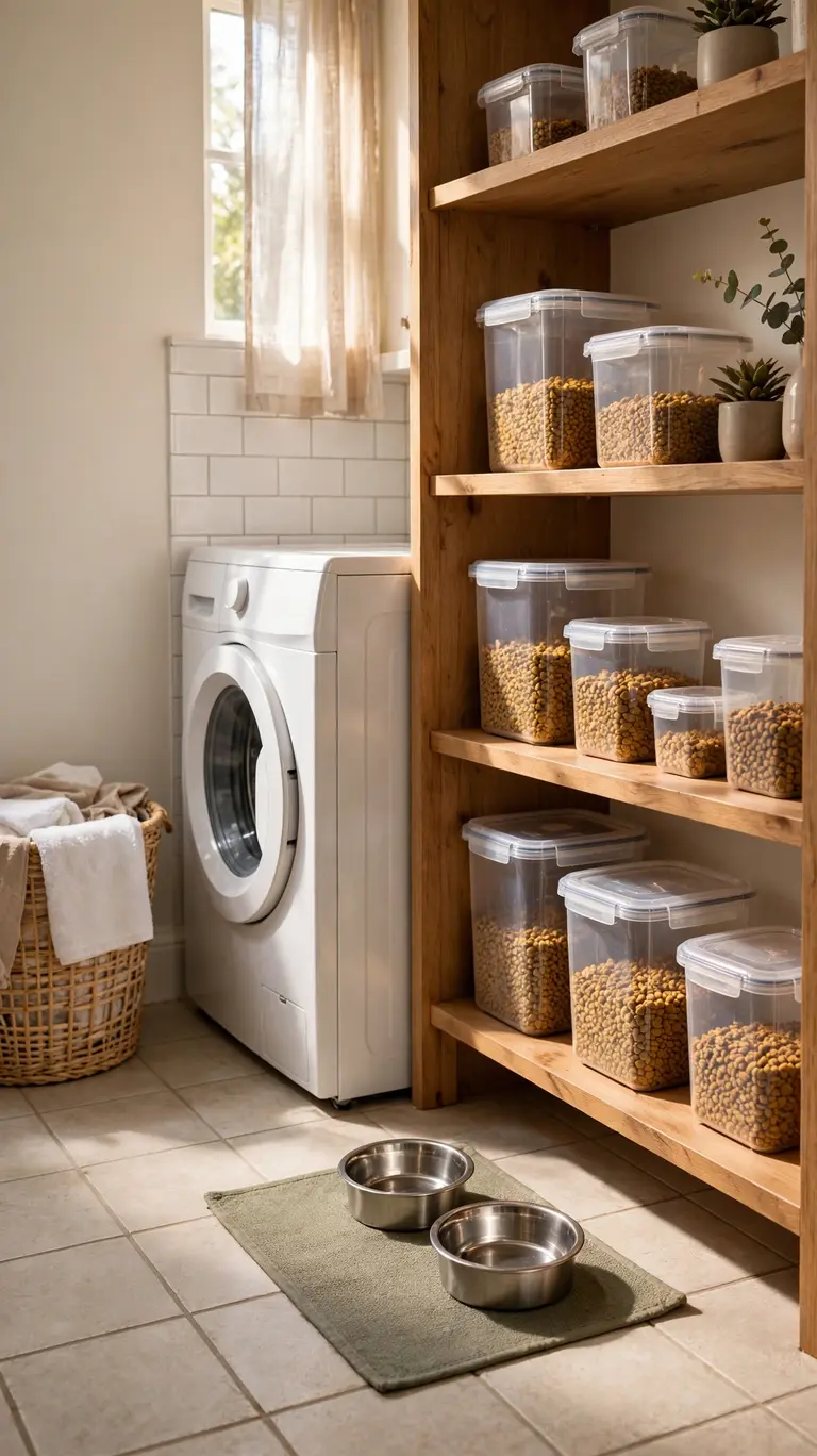 16 Clever Cat Food Station Ideas to Keep Your Home Organized 9 A bright laundry room corner with a small feeding mat, cat bowls, and shelves of sealed pet food containers.