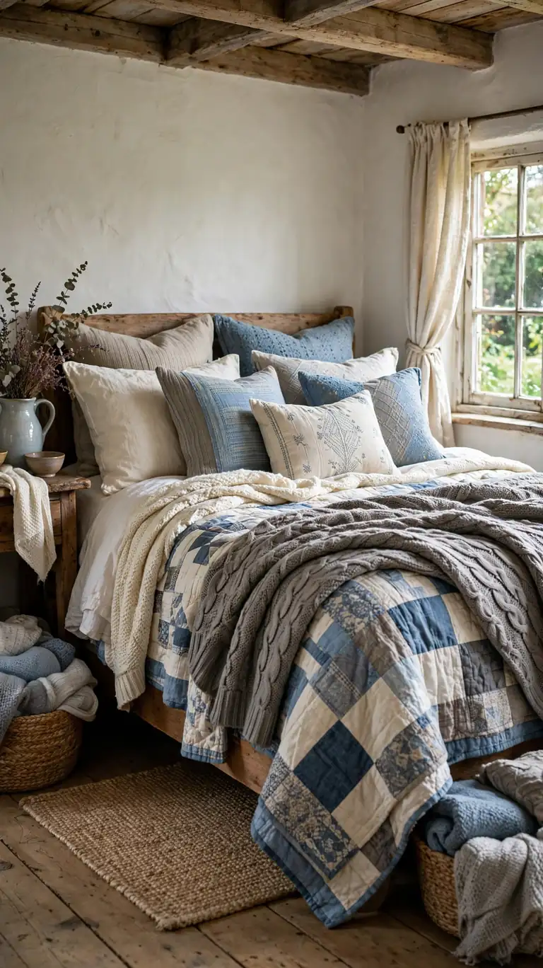 21 Small Lake Cottage Interior Design Ideas That Feel Cozy and Inviting 9 Cozy cottage bed piled with layered quilts, knit throws, and mix-and-match pillows in creams, blues, and warm grays.
