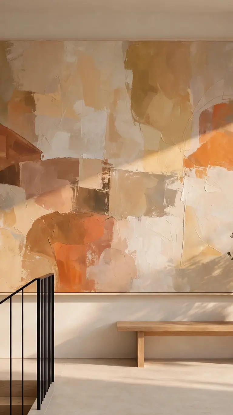 Dramatic oversized abstract canvas in warm terracotta and cream tones dominating a stair landing wall, with a simple wooden bench below and warm natural light.