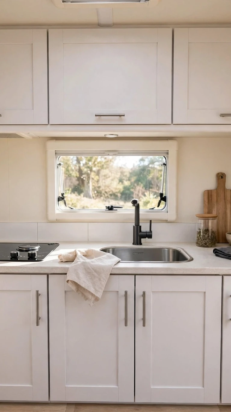 Caravan kitchen cabinets freshly painted in soft white with new handles.