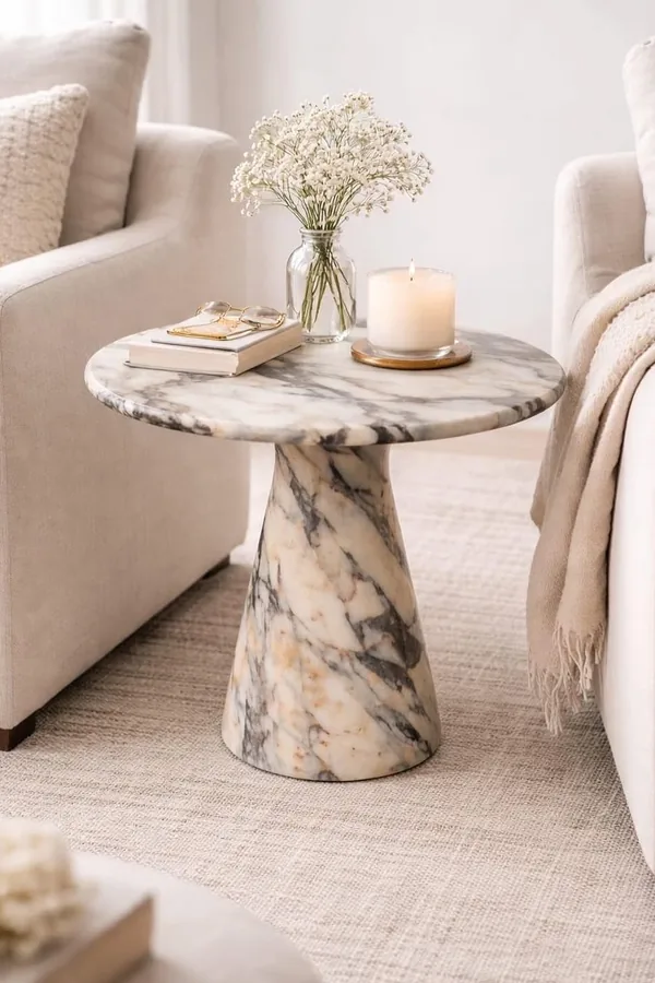 17 Empty Corner Living Room Ideas to Make Your Space Feel Complete 9 Place a Round Marble Pedestal Table Between the Sofa and an Armchair