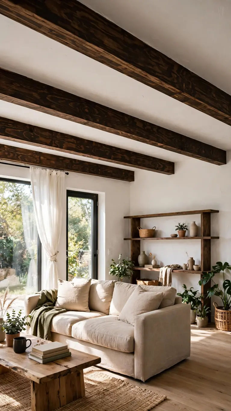 Living room with dark stained plywood faux beams across a white ceiling.