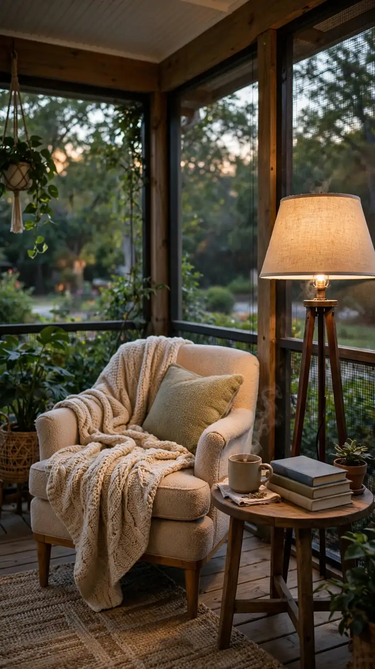 Cozy reading corner on a screened porch with an armchair, knit throw, small side table with books and tea, and a floor lamp.