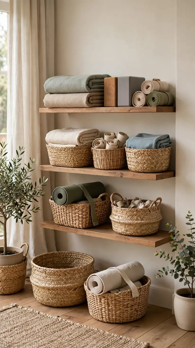 14 Inspiring Yoga Room Ideas for a Peaceful Home Retreat 9 Neat woven baskets and a wooden shelf holding folded yoga blankets, blocks, and rolled straps in a yoga room.
