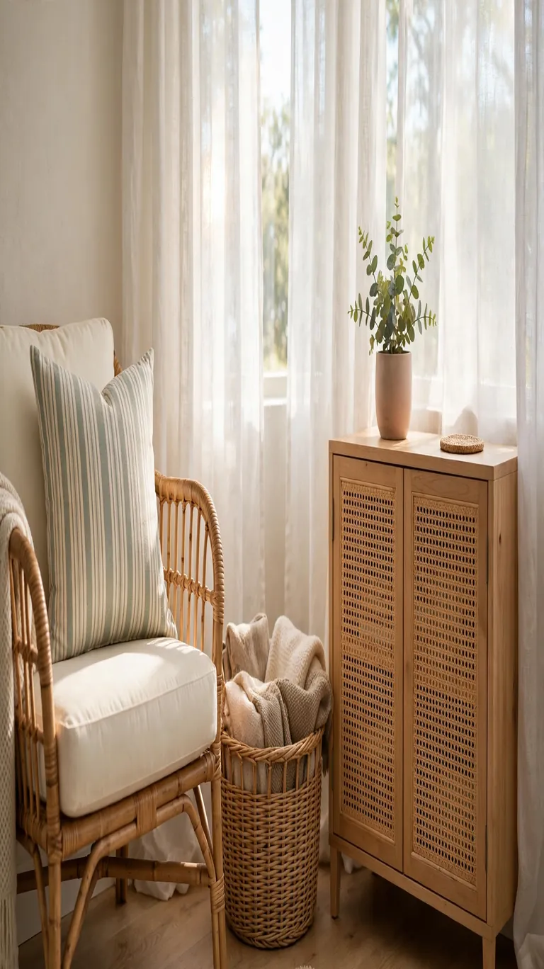 Sunny reading corner with a rattan armchair, a wicker basket of throws, and a cane-front cabinet.
