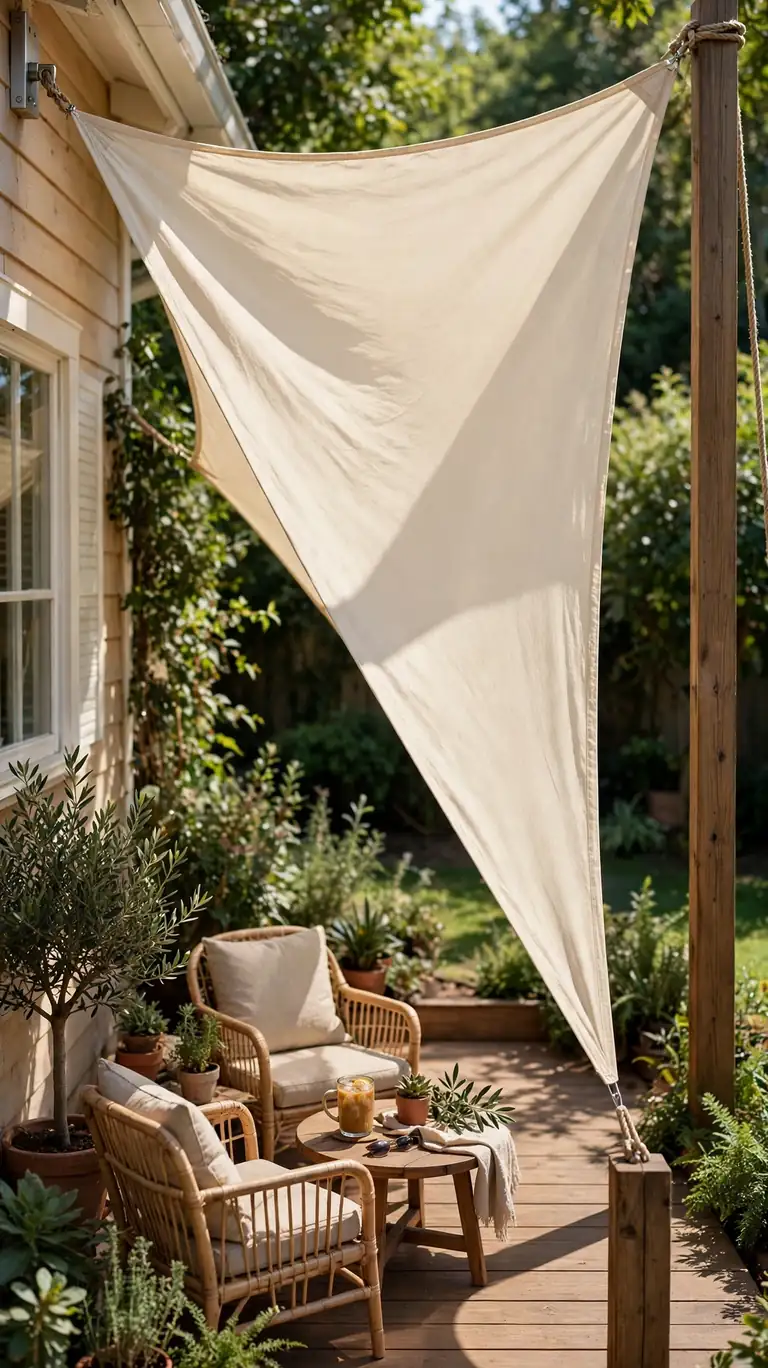 Triangular shade sail stretched above a wooden deck casting cool shade over seating.