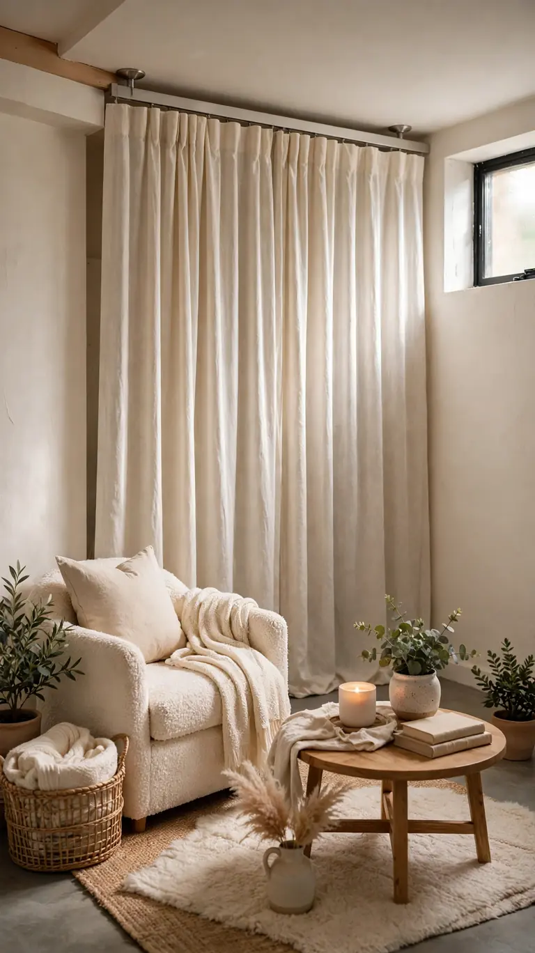 19 Small Basement Ideas to Make the Most of Any Space 9 Ceiling-mounted curtain hiding the utility and storage area in a small basement.