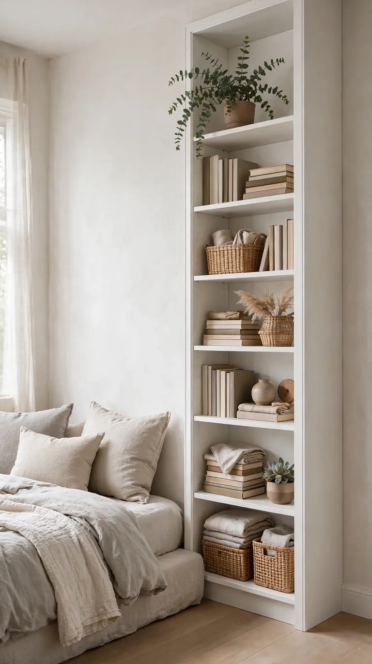 Tall narrow bookcase in a small bedroom using vertical wall space for storage.