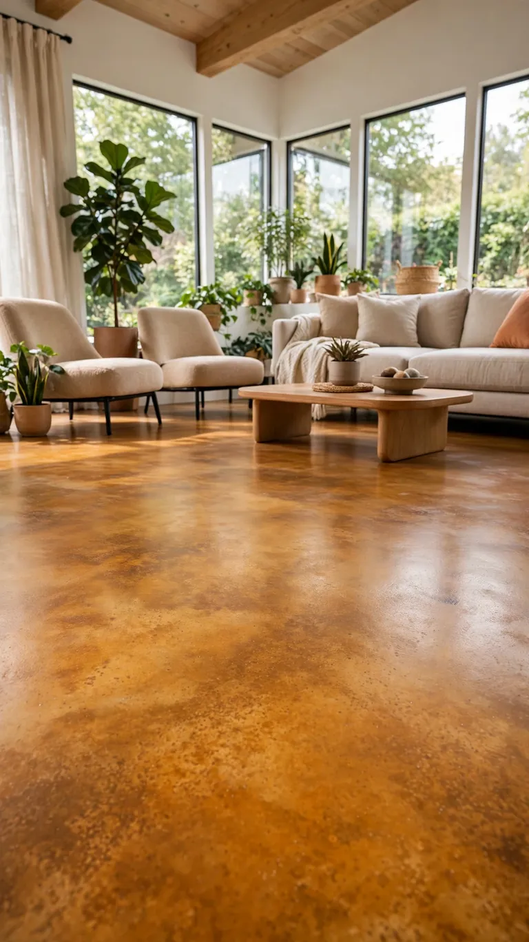 Sunroom with stained concrete flooring in warm amber tones, modern lounge chairs, and a low profile sofa.