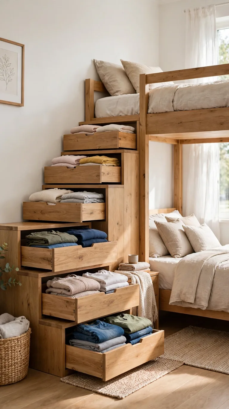 Wooden storage stairs with drawers leading up to a bunk bed, each step holding folded clothes.