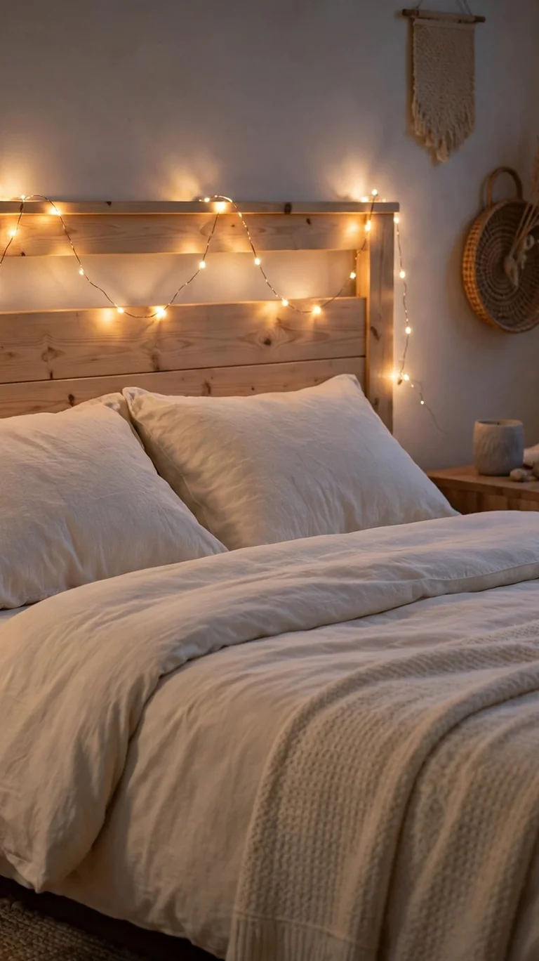 Warm string lights draped along a teen bedroom headboard, glowing softly in the evening.