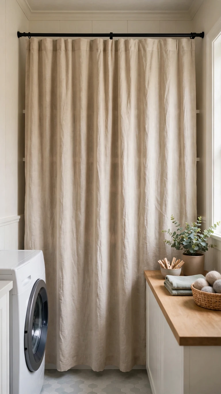 18 Small Laundry Room Ideas That Maximize Every Inch 9 Hide Supplies Behind a Curtain