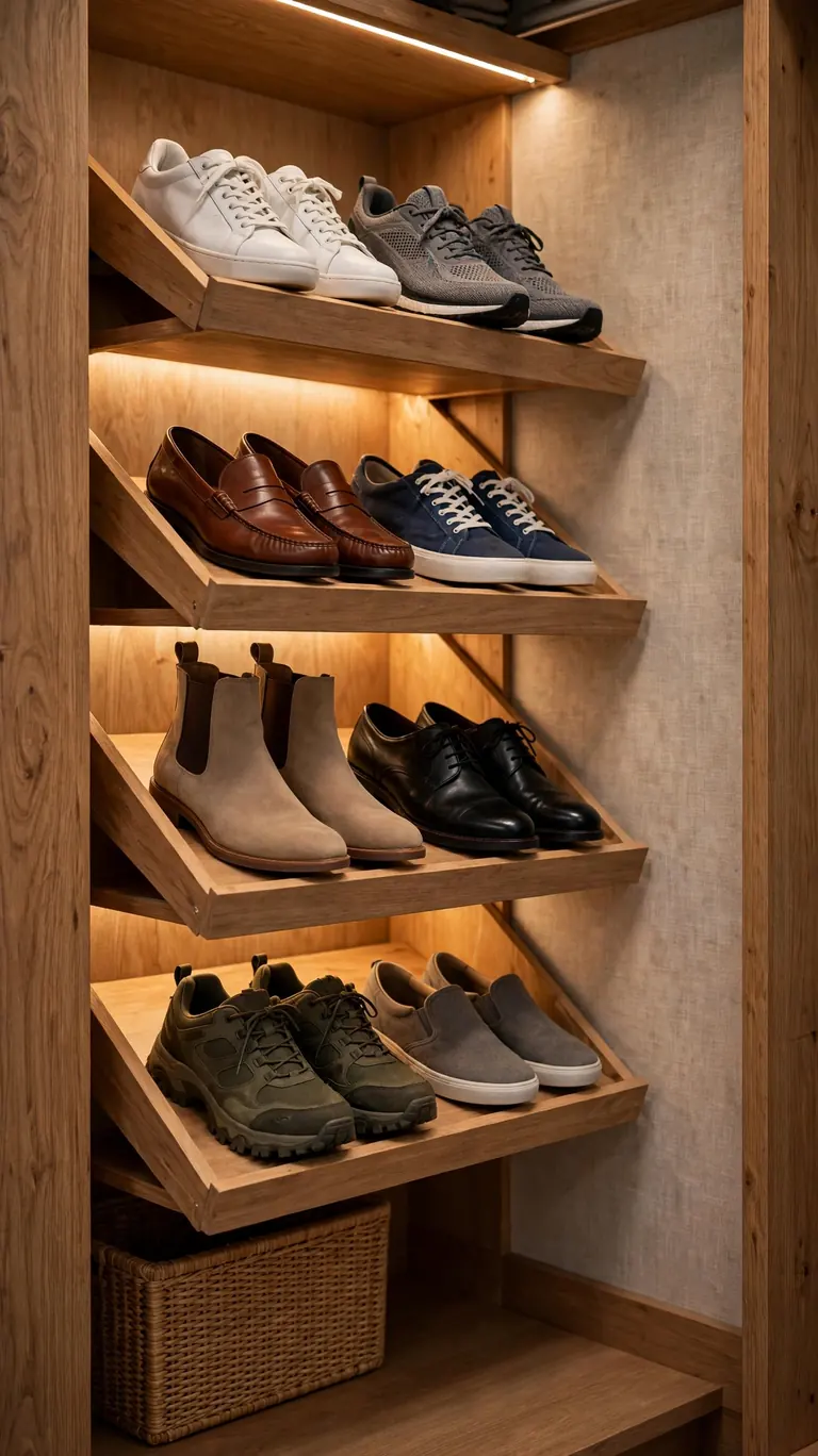 26 Smart Walk-In Closet Layout Ideas That Maximize Every Inch 9 Tilted Shelves for Maximum Shoe Visibility