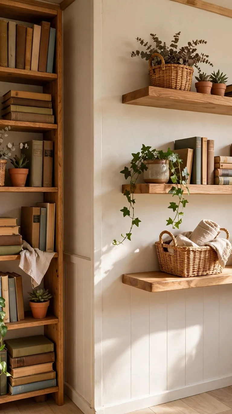 17 Trailer Decor Ideas to Make Your Mobile Home Feel Cozy and Stylish 9 Tall narrow shelves and floating shelves using vertical wall space in a small trailer room.