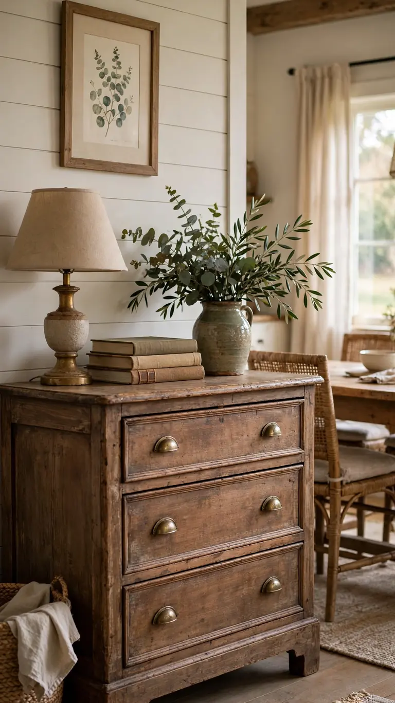 Vintage wooden sideboard with drawers topped with a lamp, cookbooks, and a vase of greenery in a dining room.