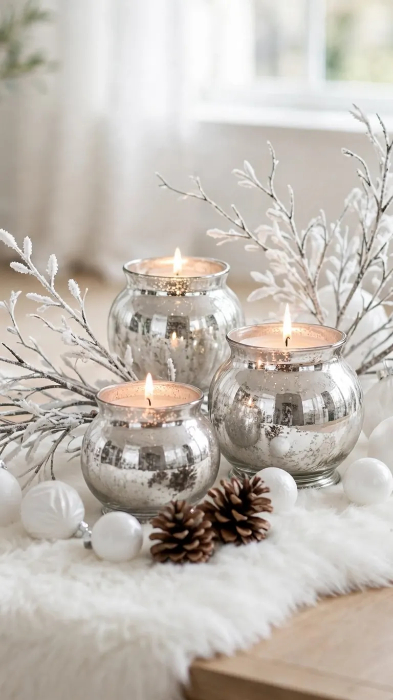 Coffee table styled in white and silver with a faux fur runner, mercury glass candle holders, and frosted branches.