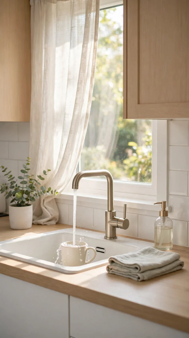 Person-free tidy kitchen with a mug being rinsed, showing a quick two-minute tidy.