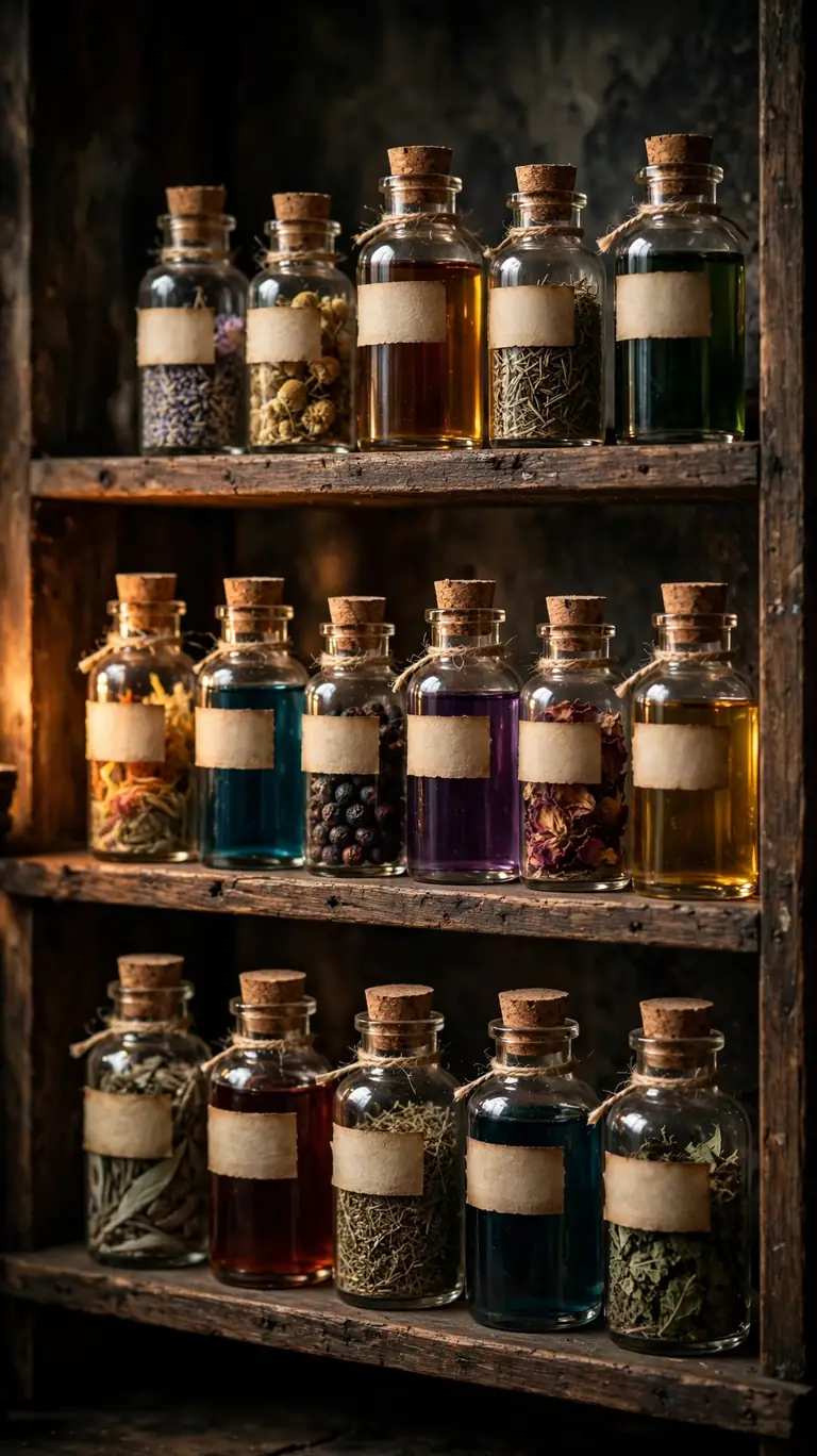 25 Stylish Halloween Decor Ideas That Are Chic, Not Cheesy 10 An Apothecary Shelf of Potion Bottles