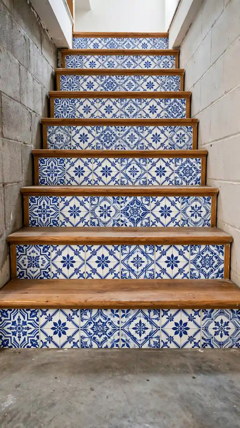 Basement stair risers decorated with encaustic tile patterned stickers.