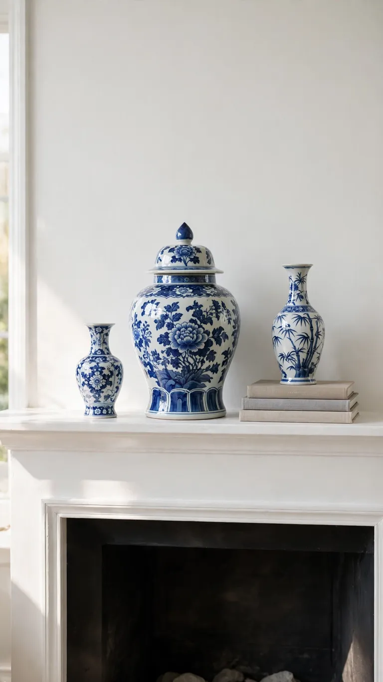 Blue and white porcelain ginger jars and vases styled on a living room mantel.
