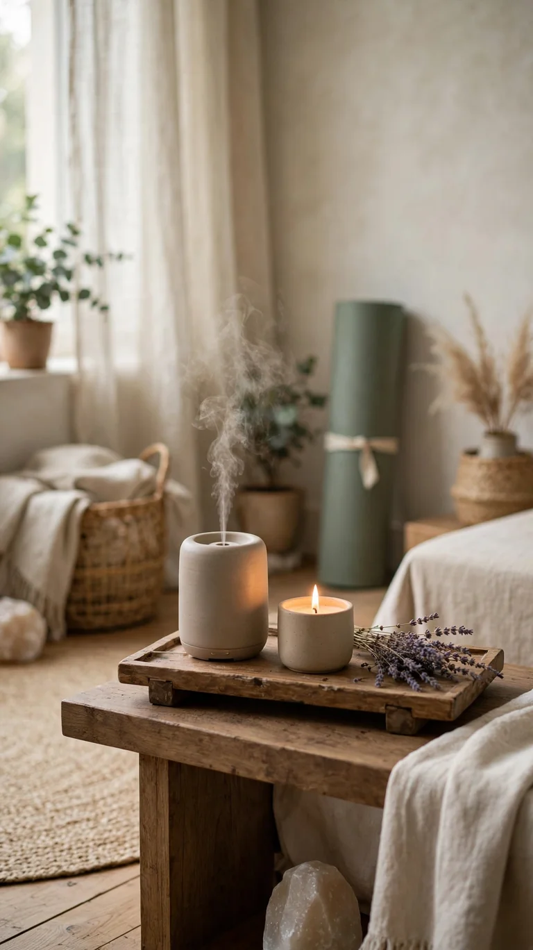 14 Inspiring Yoga Room Ideas for a Peaceful Home Retreat 10 Small wooden tray with an essential oil diffuser, a lit candle, and dried lavender on a side table in a yoga room.