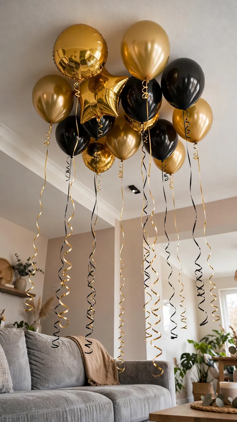 18 Stunning New Year's Eve Decor Ideas for a Sparkling Night 10 Float Metallic Balloons on the Ceiling