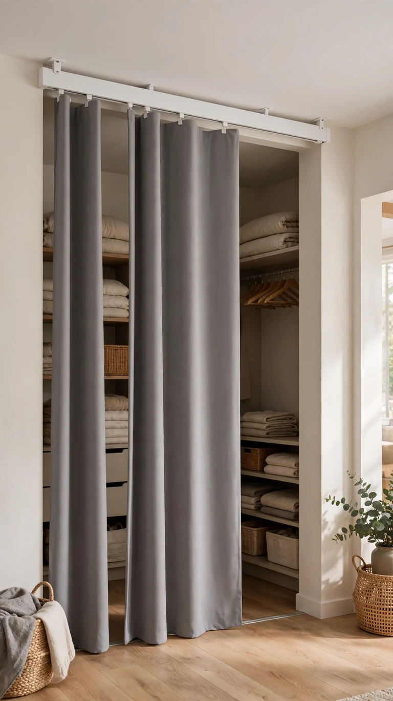 22 Creative Closet Curtain Ideas for a Stylish, Space-Saving Upgrade 10 White ceiling-mounted curtain track with gliders holding smooth gray panels over a wide closet opening.