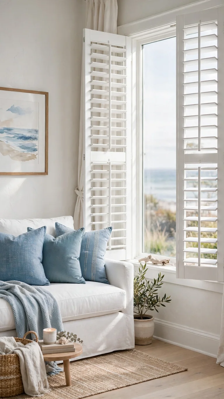 Crisp white plantation shutters with wide louvers on a coastal living room window.