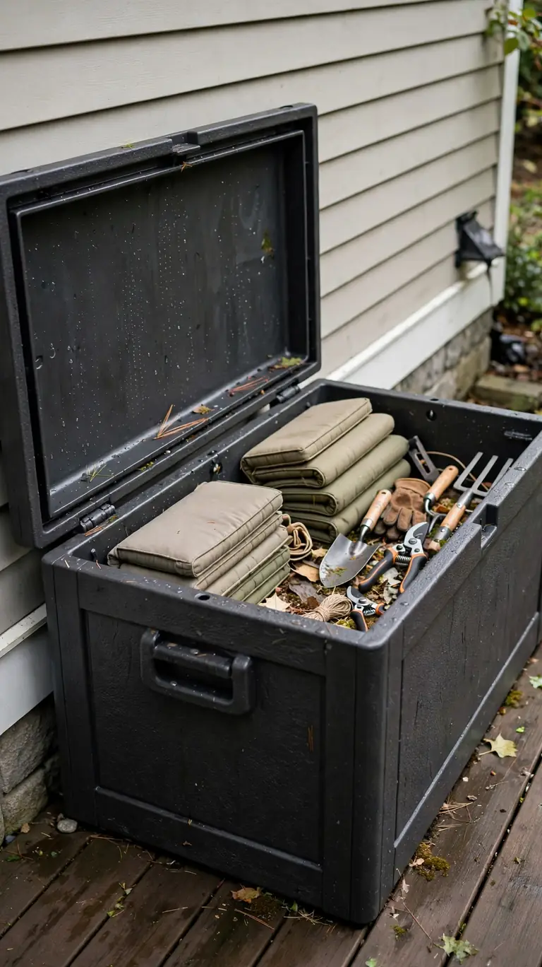 Weatherproof deck storage box against a house wall holding cushions and garden tools.
