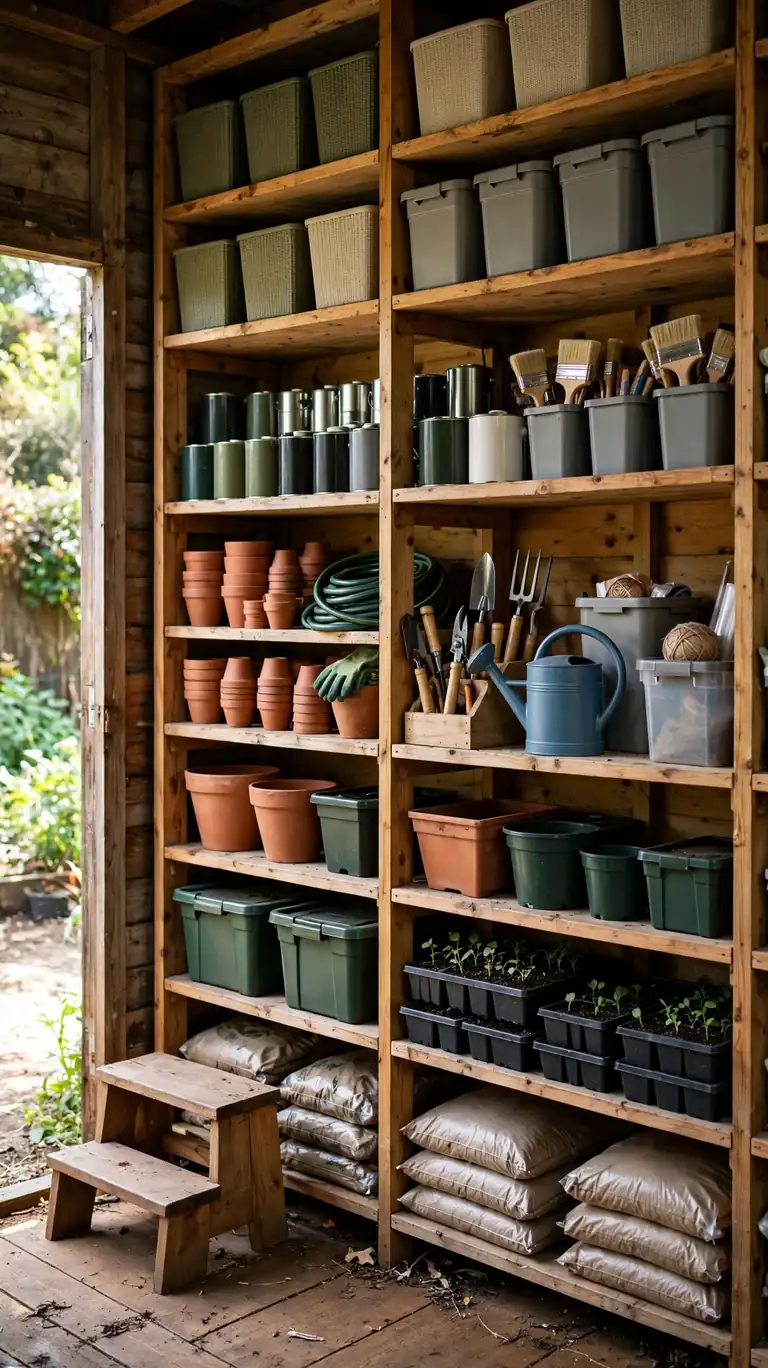 Floor-to-ceiling wooden shelving covering a shed back wall with organized bins, paint cans, and garden supplies, plus a step stool nearby.